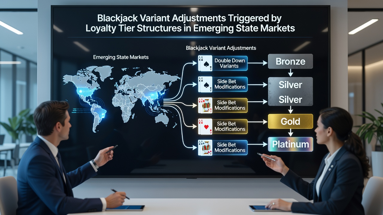 Blackjack tables in a modern casino with loyalty program displays and tiered player cards visible at the gaming floor