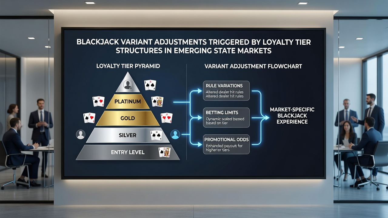 Casino loyalty program interface showing tier benefits and blackjack variant options on a digital display