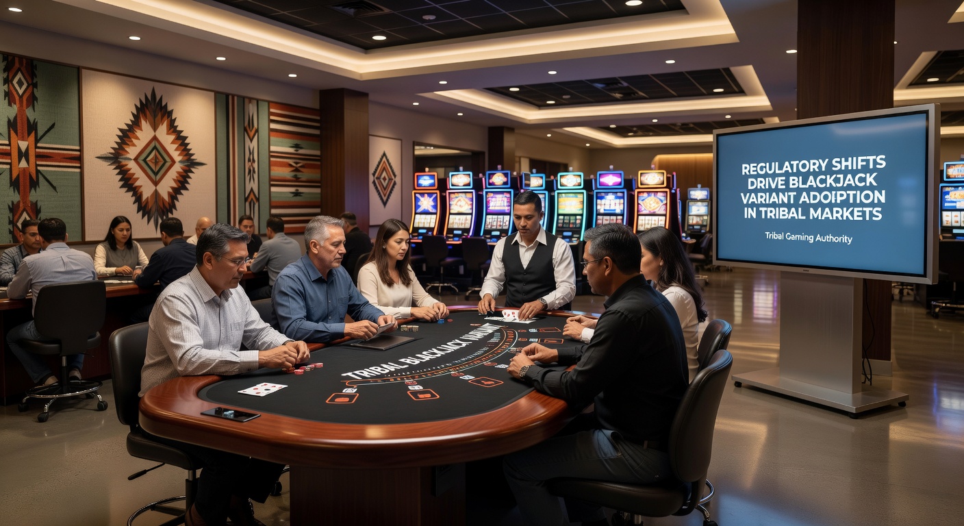 Tribal casino floor showing blackjack variant tables with players and dealers engaged in gameplay under modern lighting