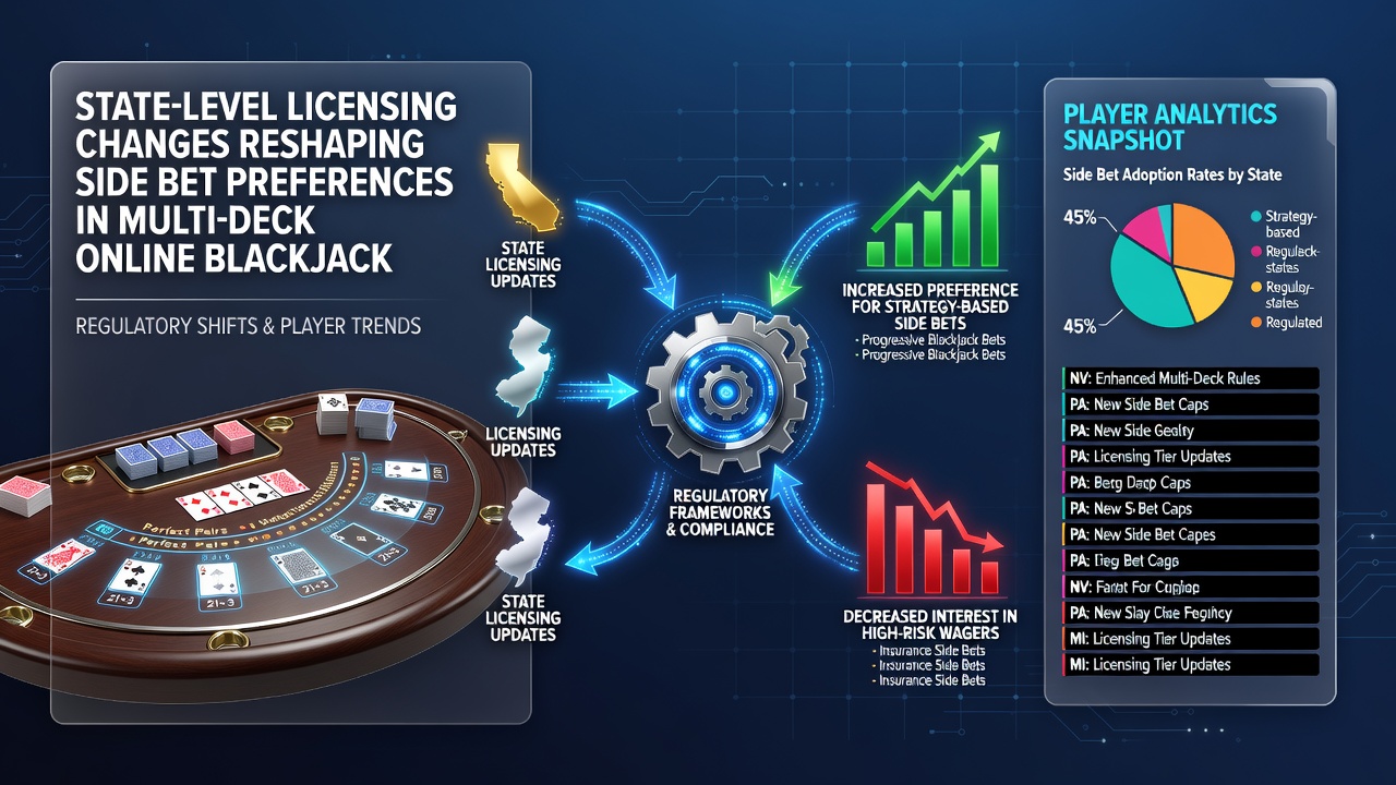 State regulatory documents and online blackjack interface showing side bet options in multi-deck games