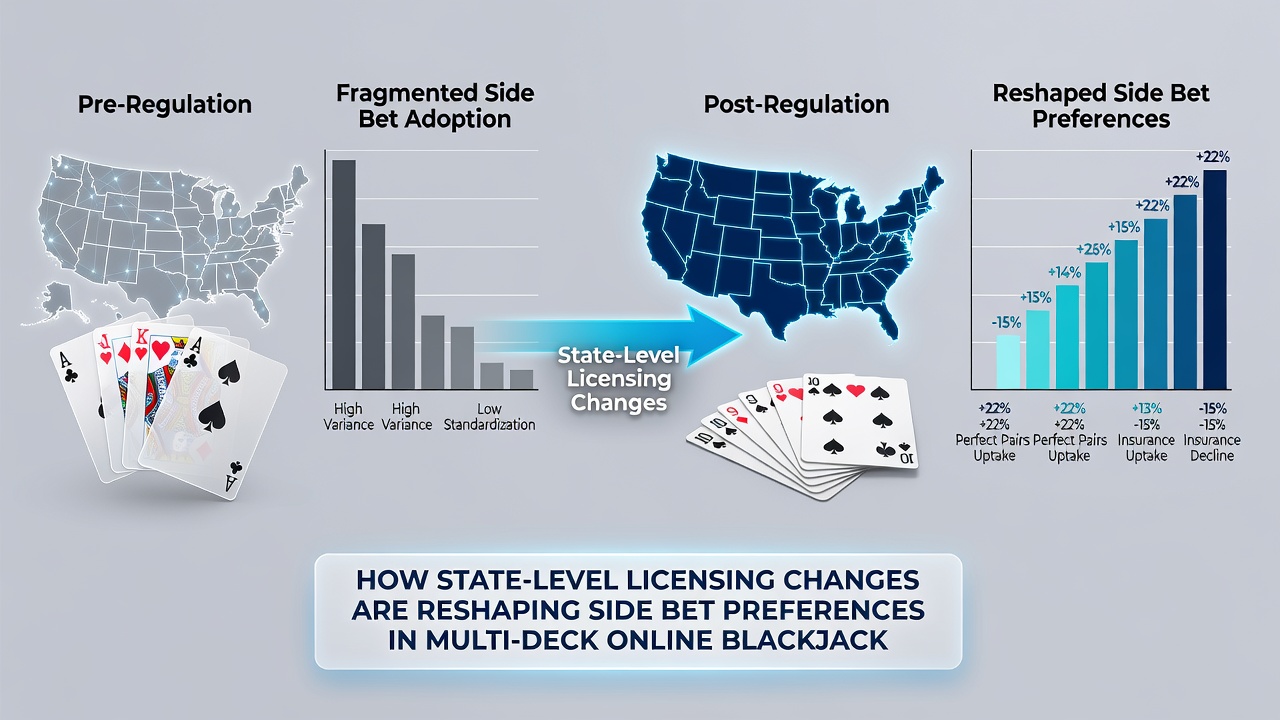 Multi-deck online blackjack table layout highlighting side bet placement areas and regulatory compliance indicators