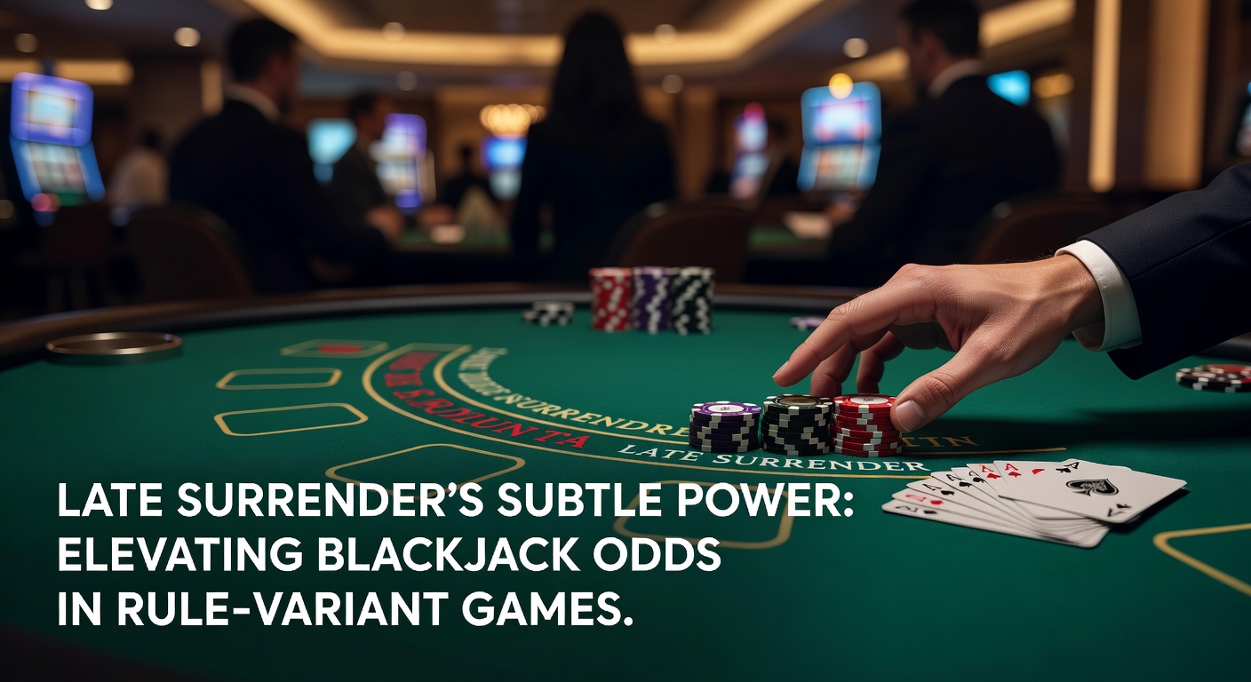Close-up of a blackjack table where a player contemplates late surrender against a dealer's ace, highlighting the strategic decision point
