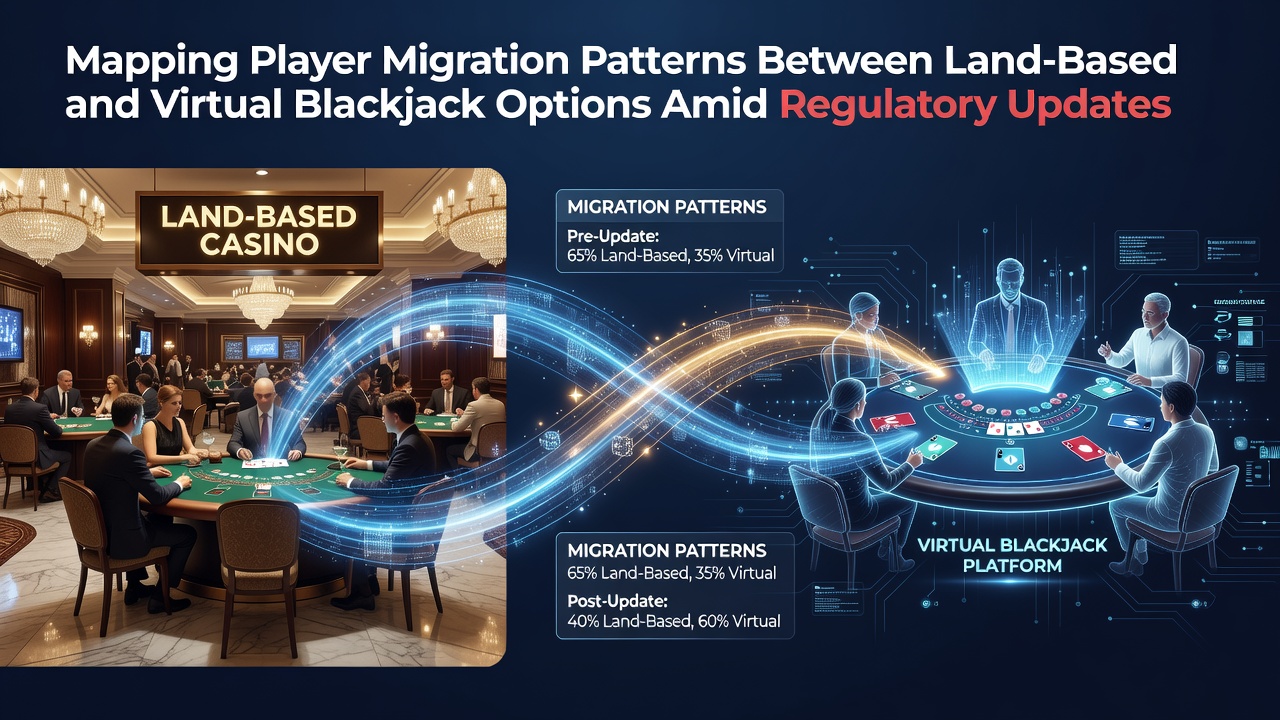 Infographic showing player migration patterns between land-based casinos and virtual blackjack platforms with regulatory update timelines