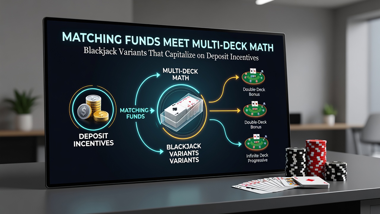 Blackjack table layout showing multi-deck shoe and deposit match bonus interface on screen