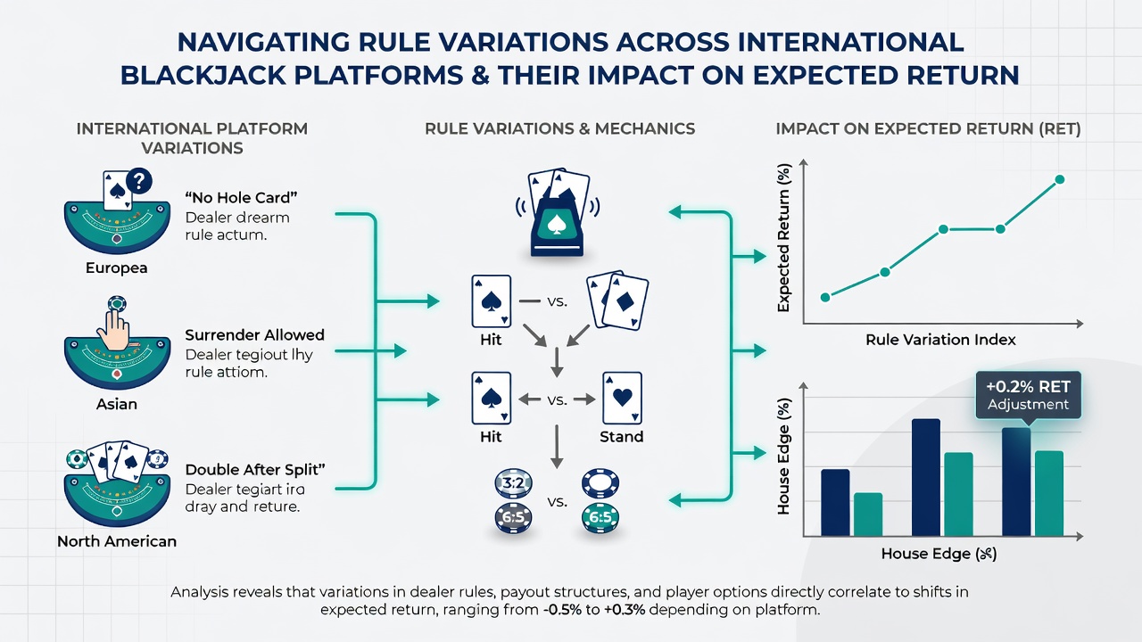 Infographic illustrating expected return calculations for different blackjack rule sets in global markets