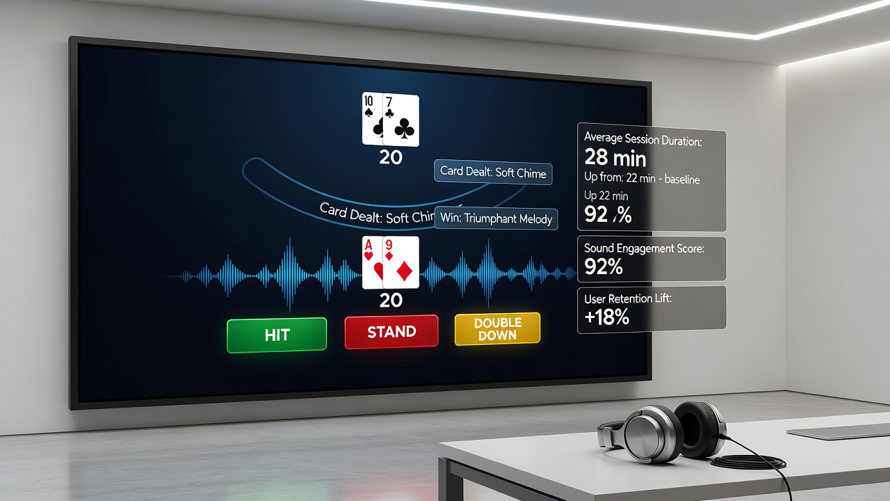 Close-up of a mobile blackjack screen showing waveform visualizations alongside active gameplay with dealer cards visible