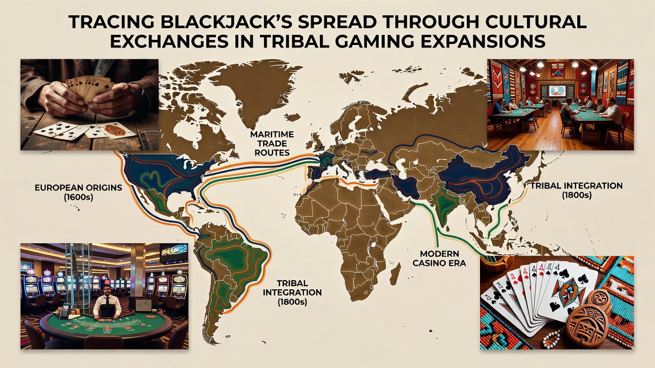 Historical depiction of blackjack cards and tribal gaming symbols illustrating cultural exchanges
