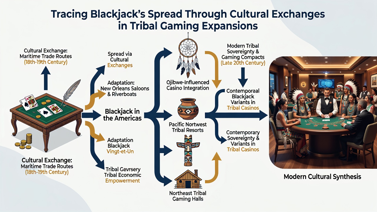 Tribal casino floor showing blackjack tables with diverse players and dealers during a cultural gaming event